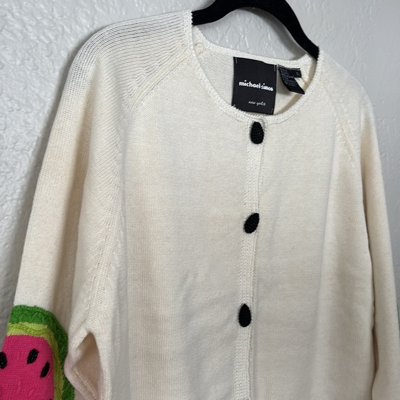 Michael Simon cardigan sweater white Cotton blend watermelon patch elbow L - Picture 6 of 8